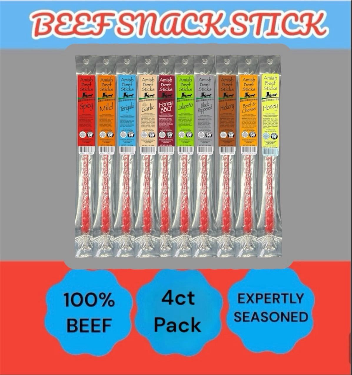 Beef Sticks 4ct - 4 Individually Wrapped - One Ounce - Amish Beef Snack Sticks