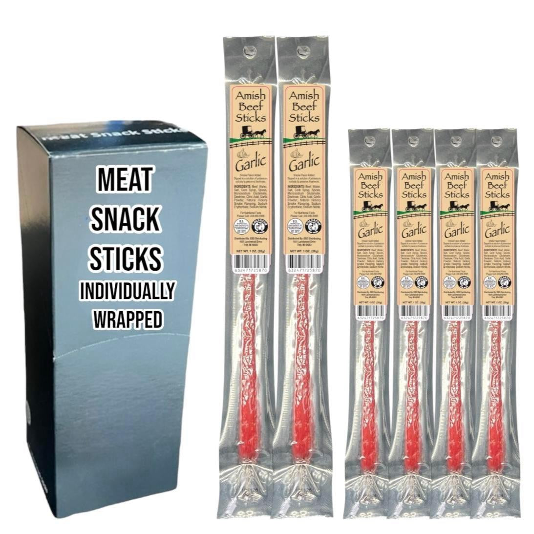 Beef Snack Sticks - Garlic - 24 Individually Wrapped - Amish Beef Sticks